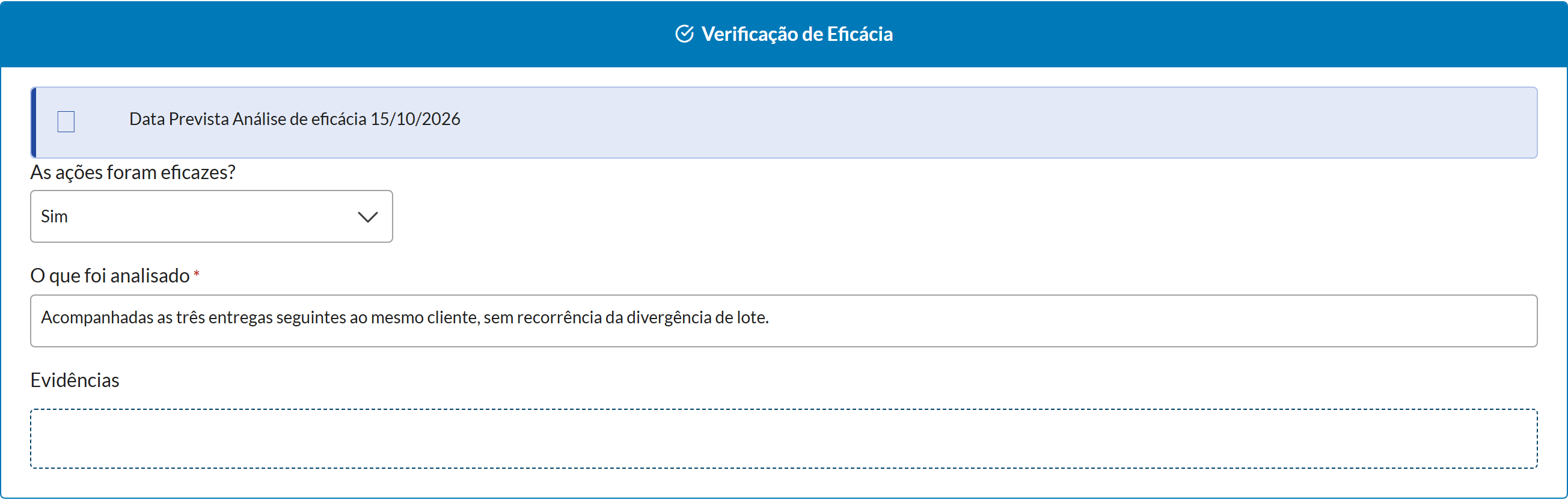 Painel de verificação de eficácia